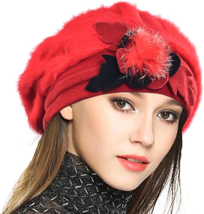 VECRY Lady French Beret 100% Wool Beret Floral Dress Beanie Winter Hat - Image 1